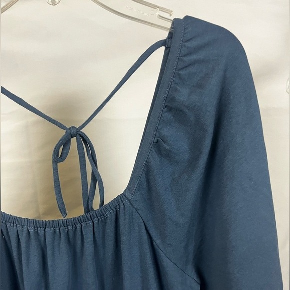 Pact Women's Puff Sleeve Blue Organic Cotton A-Line Tie Back Dress- Size Medium - Picture 6 of 8